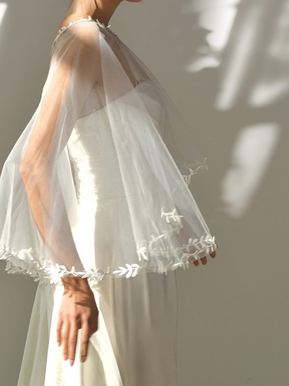 Boho Sheer Mesh Wedding Shrug Shawl - Leaf Trim Bridal Poncho